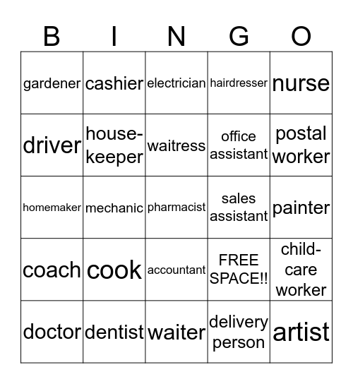 Jobs Vocabulary Bingo Card