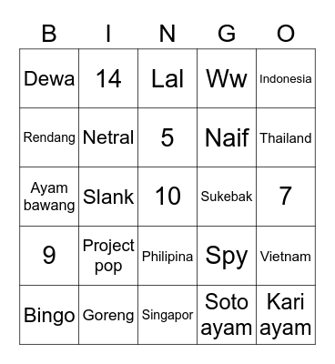 K Bingo Card