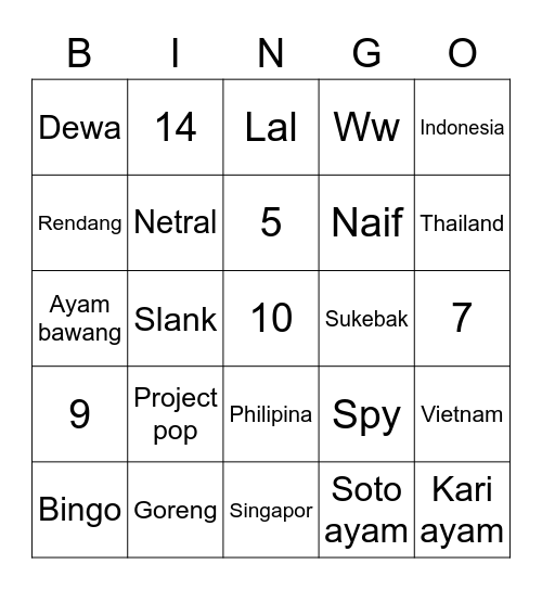 K Bingo Card