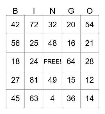 Multiplication Bingo Card
