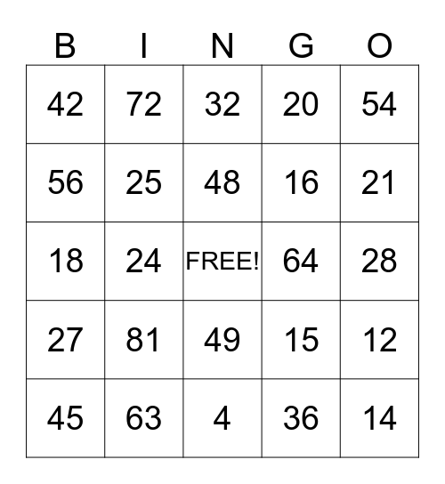 Multiplication Bingo Card