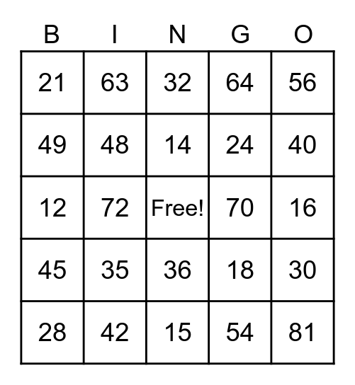 Multiplication Bingo Card