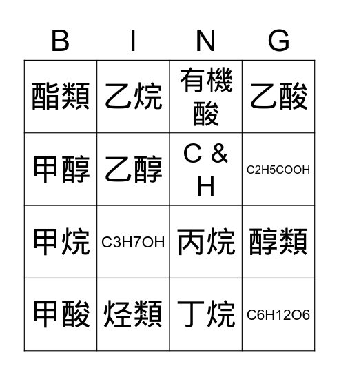 有機化合物賓果碰碰樂 Bingo Card