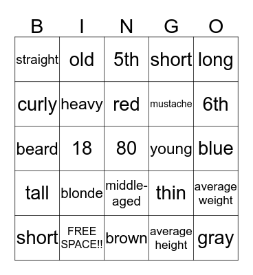 Describe People Vocabulary Bingo Card