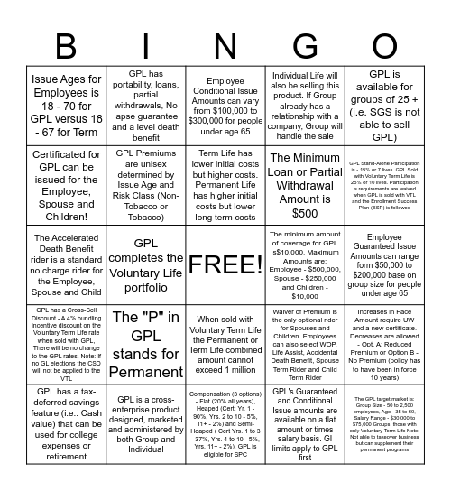 Group Permanent Life  Bingo Card