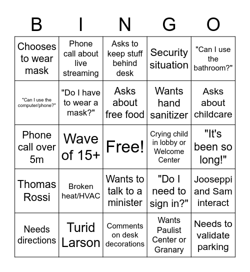 Front Desk Sunday Bingo Card