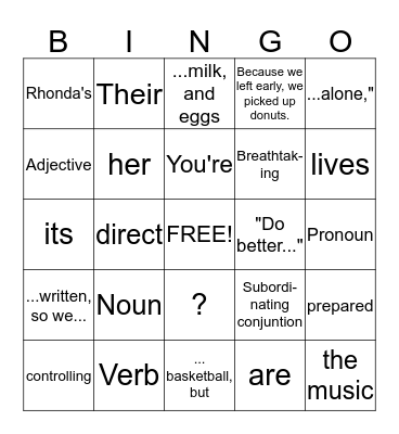 English Bingo Card
