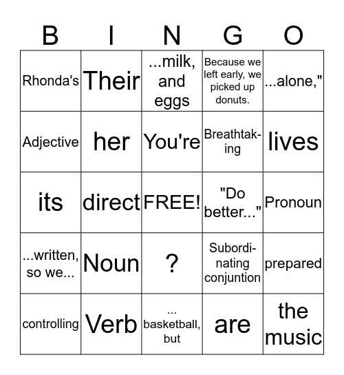 English Bingo Card