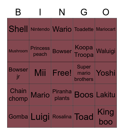 Mario bingo Card