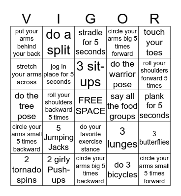 Fitness Bingo Card