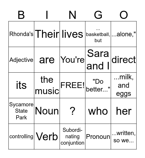 English Bingo Card