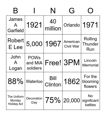 Memorial Day Bingo Card