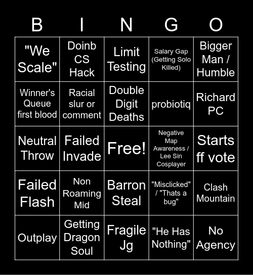 League Of Bingo V2 Bingo Card