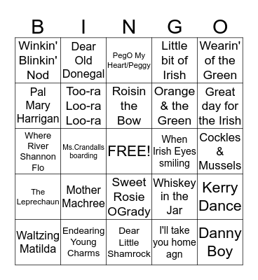 Irish/ St. Patricks Songs Bingo Card