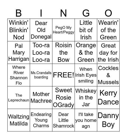 Irish/ St. Patricks Songs Bingo Card
