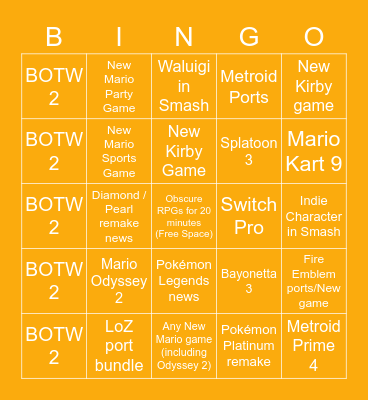 Nintendo E3 2021 Bingo Card