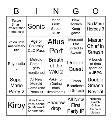 Nintendo 2021 E3 Bingo Card