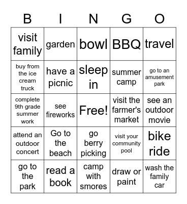 Summer Break BINGO Card