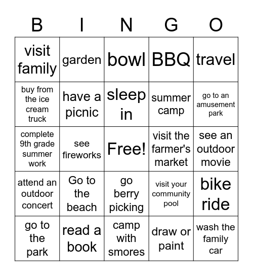 Summer Break BINGO Card