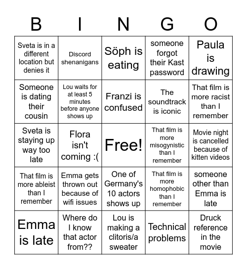 Movie Night bingo Card