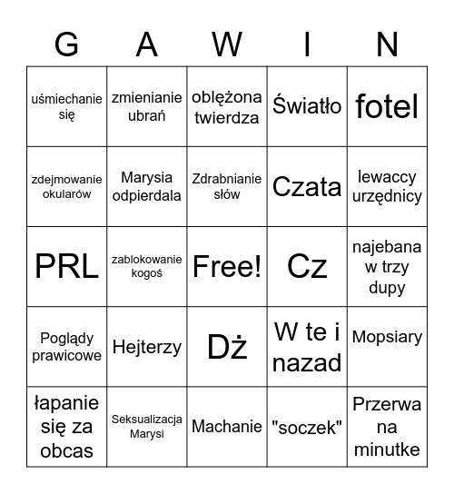 Gawinowe Bingo Card