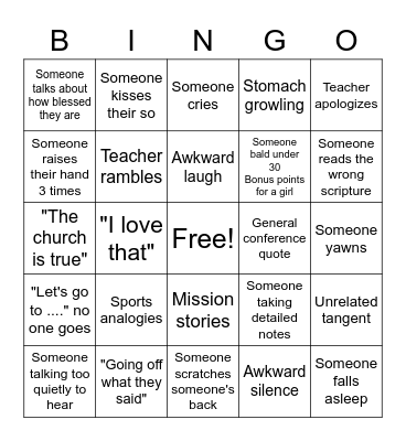 Sunday School Bingo Card