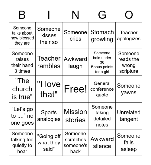 Sunday School Bingo Card