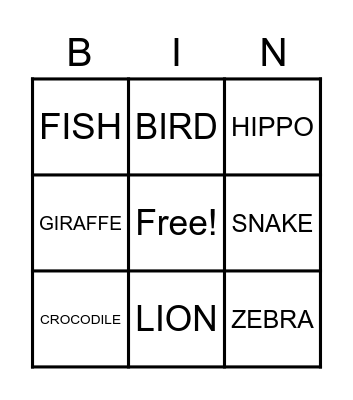 ZOO ANIMALS Bingo Card