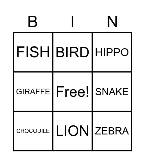 ZOO ANIMALS Bingo Card