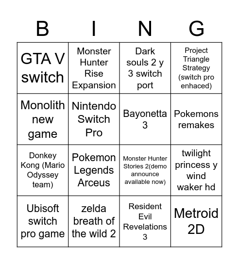 Nintendo Bingo Card