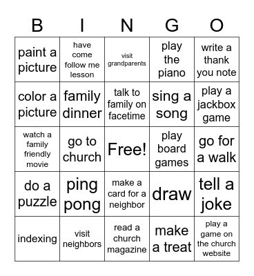 Sabbath Day Bingo Card