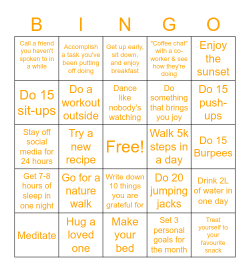 Health and Wellness Bingo Challenge Bingo Card