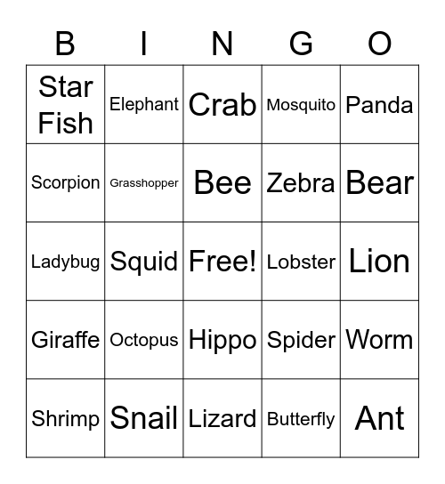 Animals Bingo ** Bingo Card