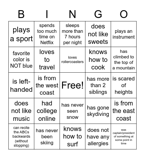 UAS HUMAN BINGO Card