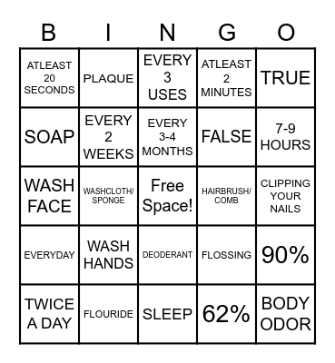 HUF CENTER HYGIENE BINGO Card