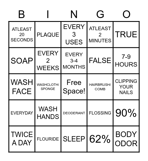 HUF CENTER HYGIENE BINGO Card