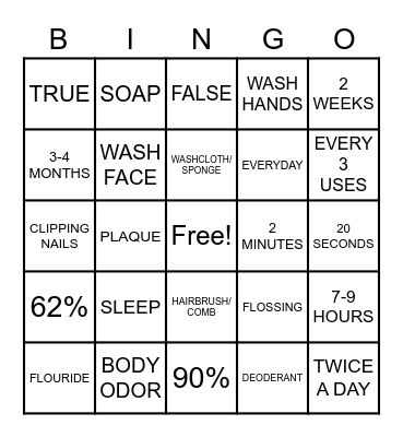 HUF CENTER HYGIENE BINGO Card