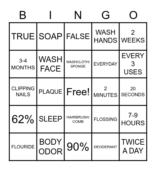 HUF CENTER HYGIENE BINGO Card