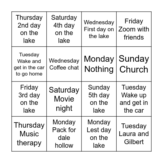 The week that we are at the lake Bingo Card
