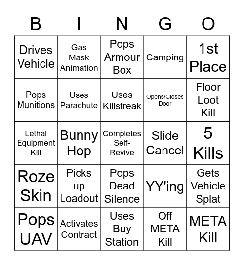 WarZone Bingo Card