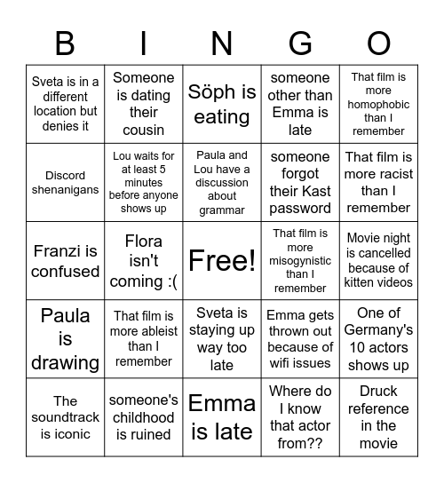 Movie Night bingo Card