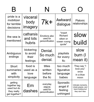 Sarah’s unhinged fic Bingo Card