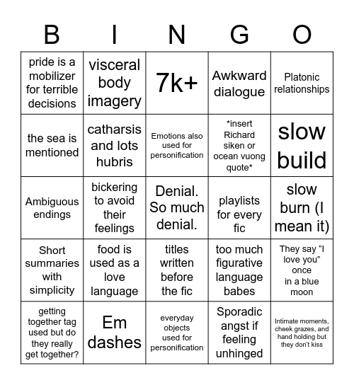 Sarah’s unhinged fic Bingo Card