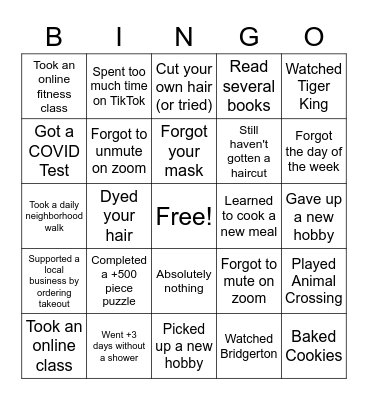 Quarantine Bingo Card