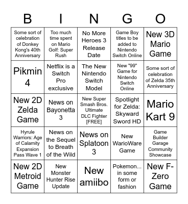 Nintendo's E3 2021 Bingo Card