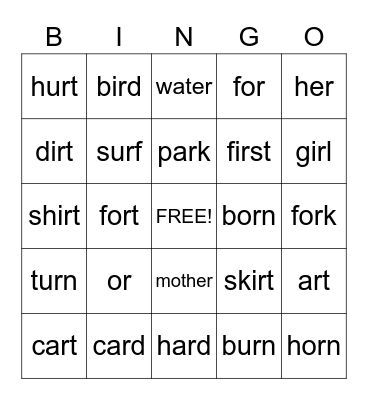 Bossy R sound Bingo Card