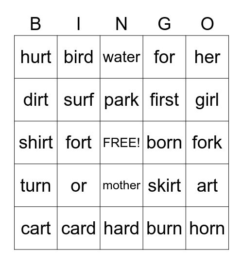 Bossy R sound Bingo Card