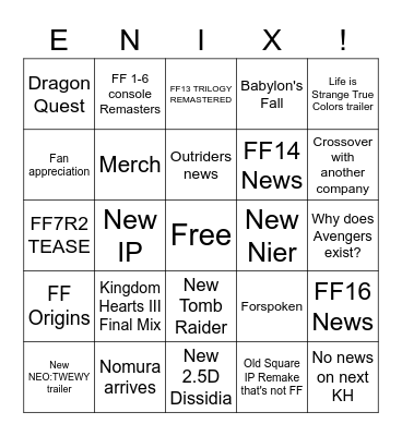 Square Enix Bingo Card