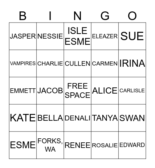 Twilight: The Cullens Bingo Card