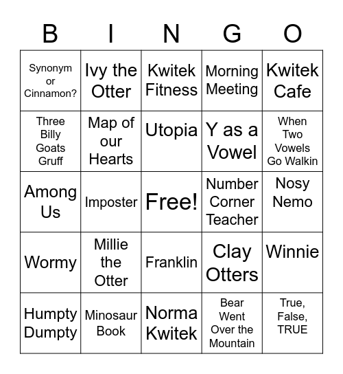 Mrs. Kwitek's Class Bingo Board Bingo Card